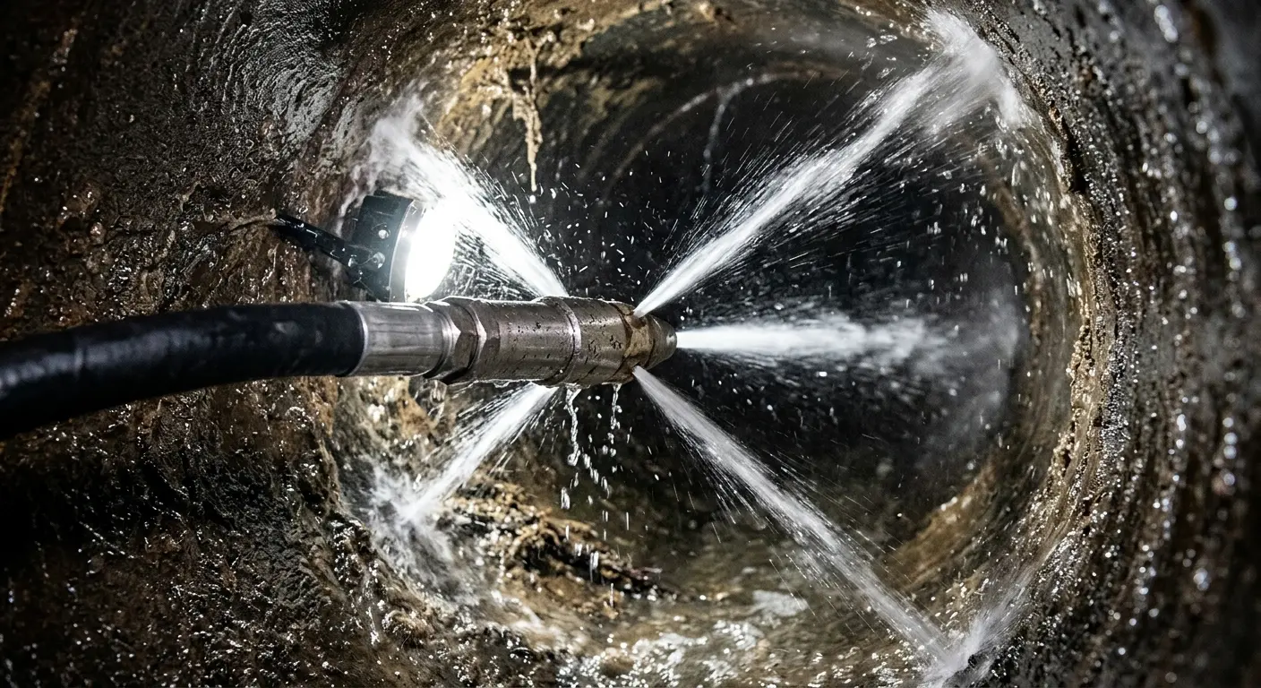 High-pressure hydro jetting nozzle cleaning sewer pipe for Trenchless Sewer Repair in New Richmond