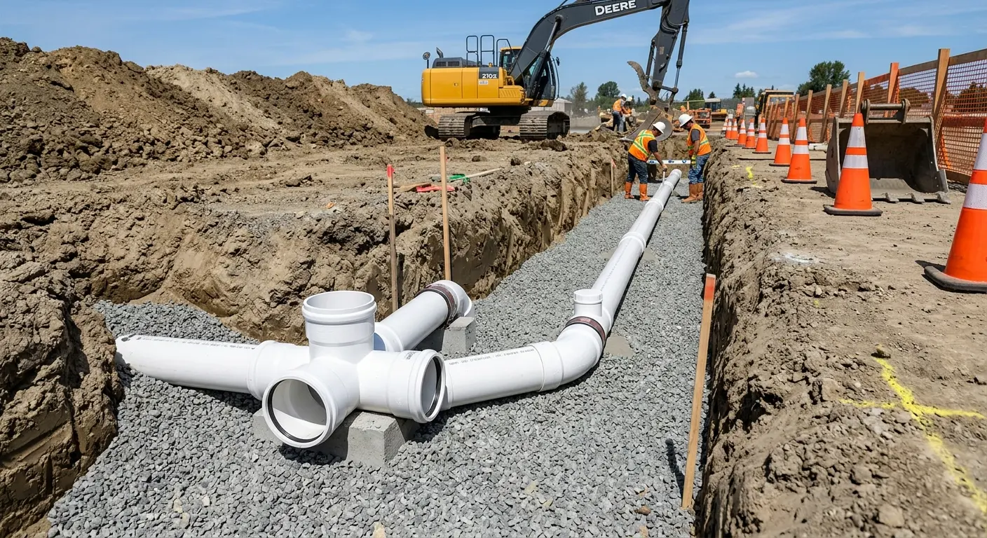 New PVC sewer pipe installation in open trench for Grease Trap Cleaning in New Richmond
